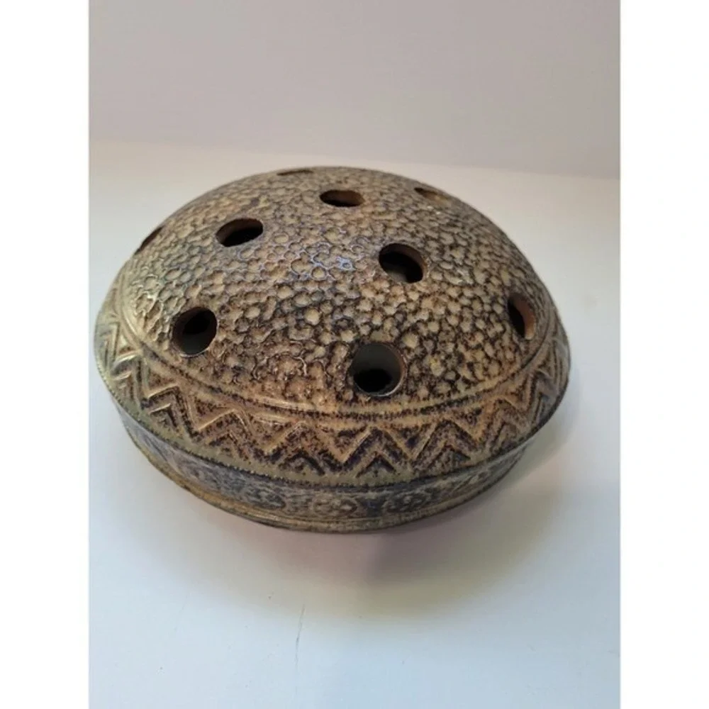 Vintage Japan Ceramic Flower Frog Dome Textured Geometric Brown Pottery Ikebana